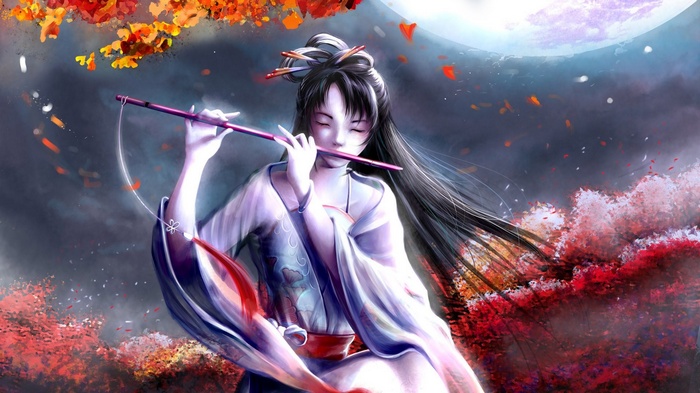 Japanese woman playing flute under the moon