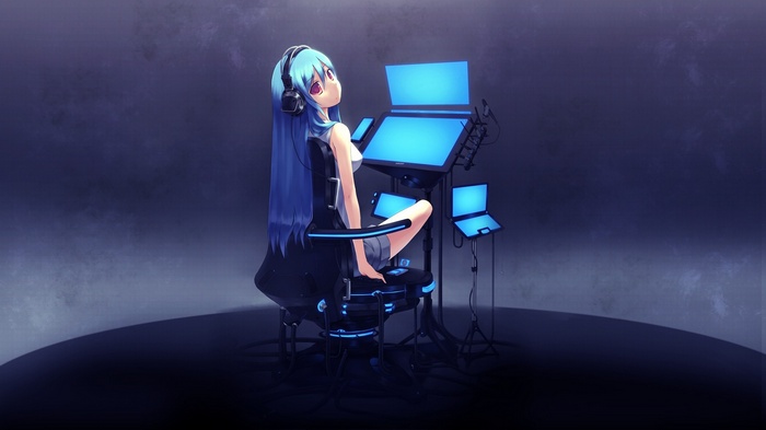 Anime girl with blue hair wearing headphones at a computer