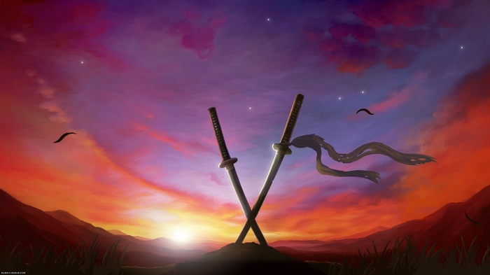 Two crossed swords at sunset with birds flying