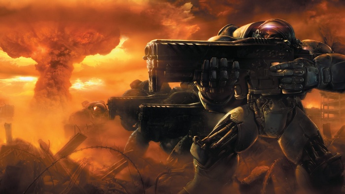 StarCraft soldiers in a war-torn landscape with nuclear explosion