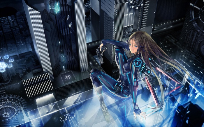 Anime girl in futuristic armor with gun in cyberpunk city