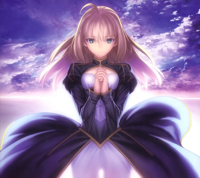 Saber from Fate/Stay Night against a purple sky