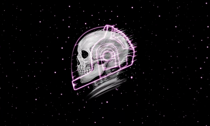 Skull in a Daft Punk-style helmet in space