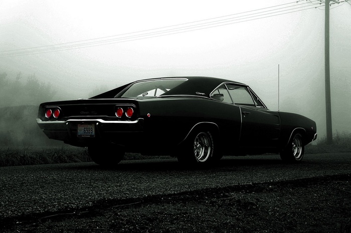 Black 1968 Dodge Charger in Fog