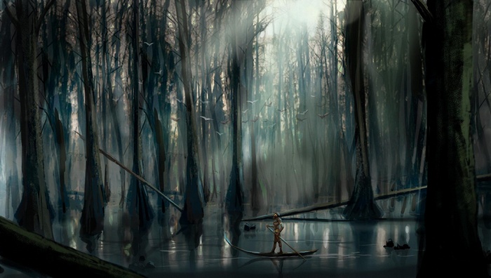 Person in a boat in a swamp with birds flying