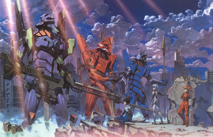 Evangelion Units and Pilots in a Ruined City