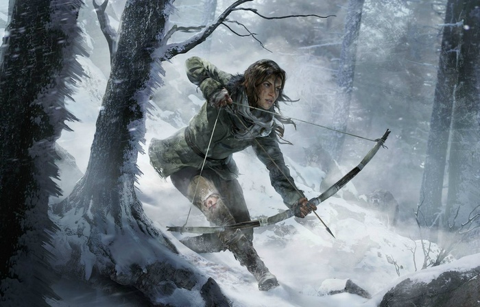 Lara Croft with a bow in a snowy forest