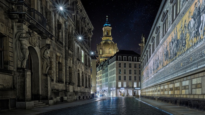 Dresden cityscape at night with church and historic buildings