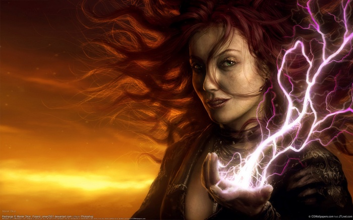 Redhead woman conjuring lightning