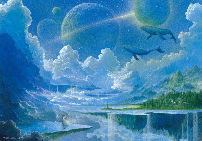 whale, floating island, waterfall, clouds, planet, fantasy art