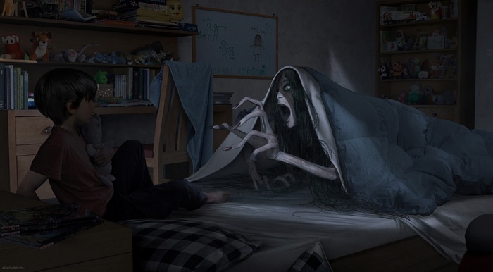 Scary creature under the blanket with a child