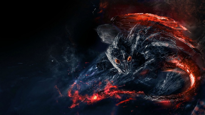 Fantasy creature artwork with red glowing elements