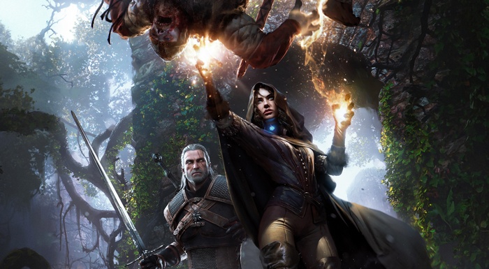 Geralt and Yennefer fighting a monster in The Witcher 3