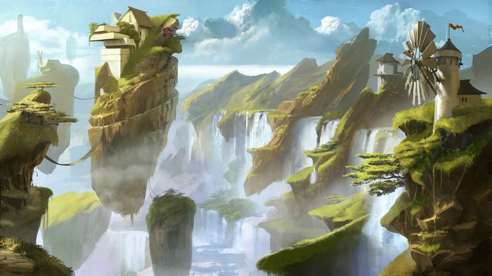 Floating islands with waterfalls and windmills