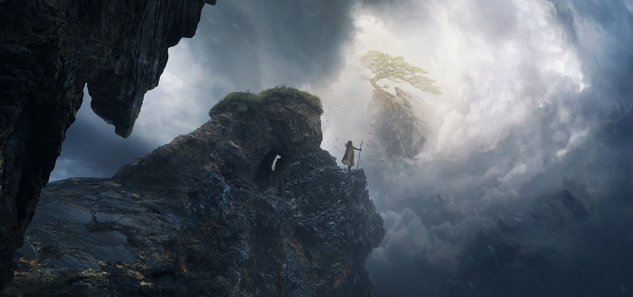 A person with a staff on a cliff overlooking a canyon