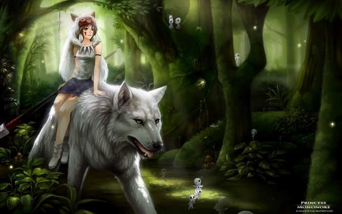 Princess Mononoke and Wolf in a Forest