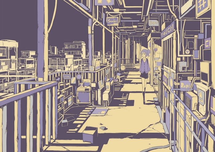 Anime girl walking on a futuristic balcony with signs