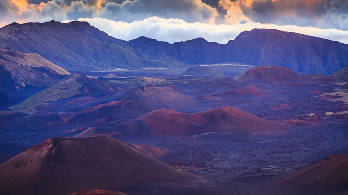 Volcanic landscape with mountains and clouds in Maui, Hawaii