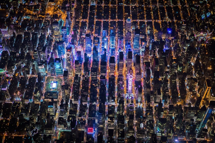 Aerial view of New York City at night