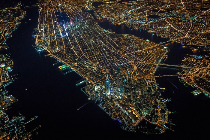 Aerial view of New York City at night