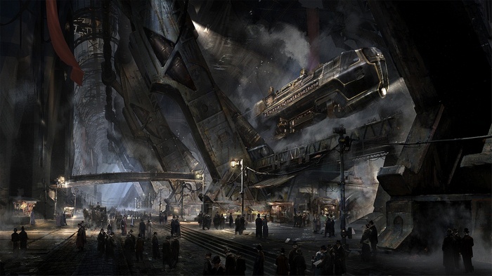 Steampunk airship above a crowded Victorian city street