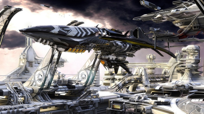 Futuristic spaceship docked at a spaceport