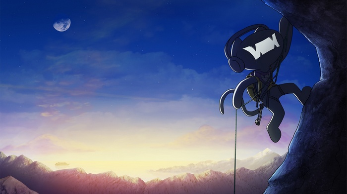 Character with headphones rock climbing at dawn