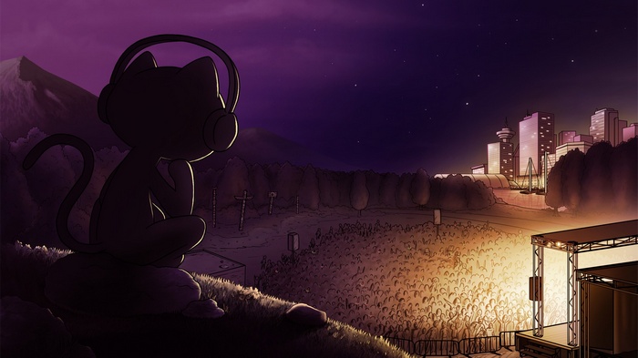 Monstercat concert with a cat DJ wearing headphones
