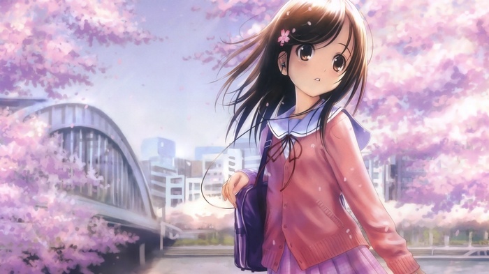 Anime girl with brown eyes and long hair under cherry blossoms