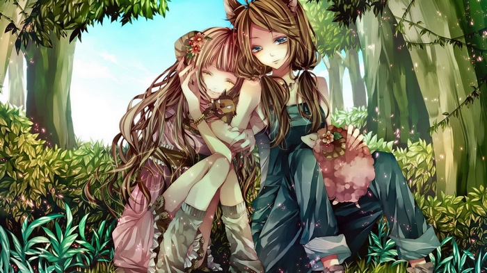 Two anime girls with animal ears in a forest