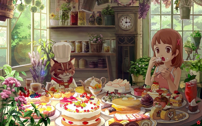 Anime girl and cat chef enjoy a dessert feast
