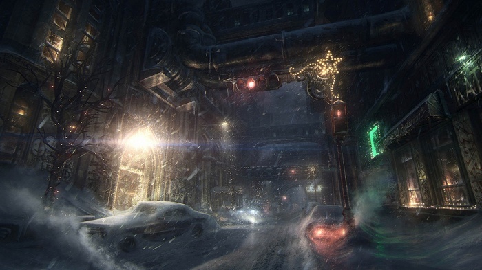 Snowy night in a city with Christmas lights
