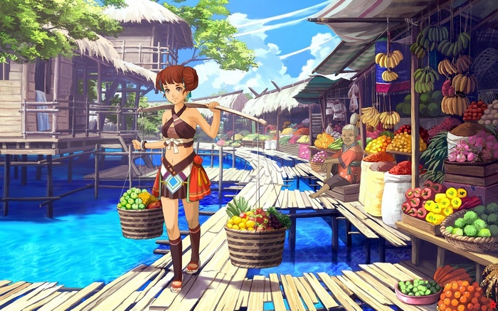 Anime girl carrying baskets at a tropical market