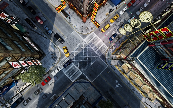 Top-down view of a city intersection in Grand Theft Auto IV