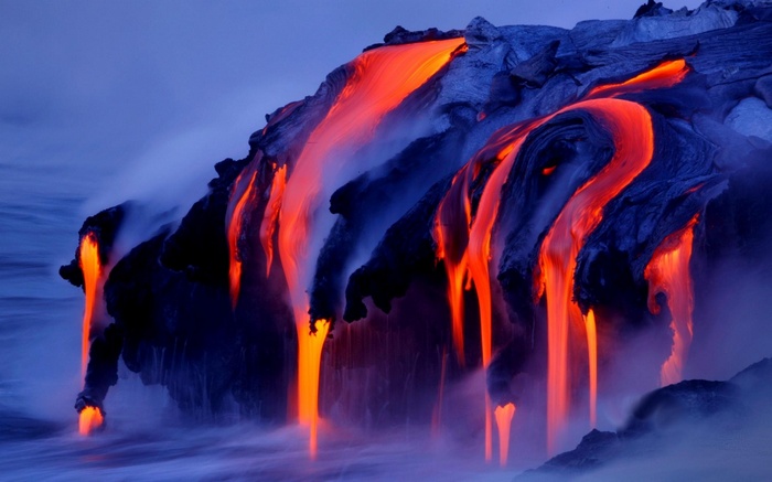 nature, lava, sea, water, smoke, landscape, volcanic eruption, volcano, long exposure