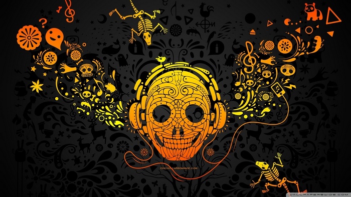 Abstract skull with headphones and music notes