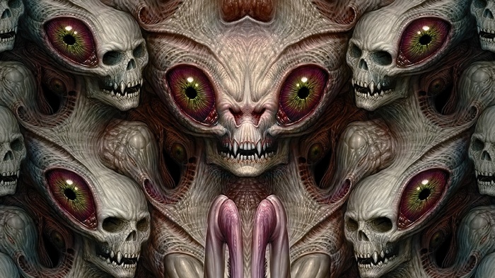 Symmetrical alien skulls with large eyes and sharp teeth