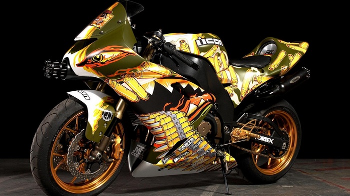 Custom Kawasaki motorcycle with bullet and dragon graphics