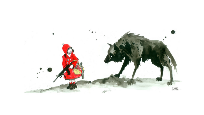 Little Red Riding Hood with a rifle confronts a wolf