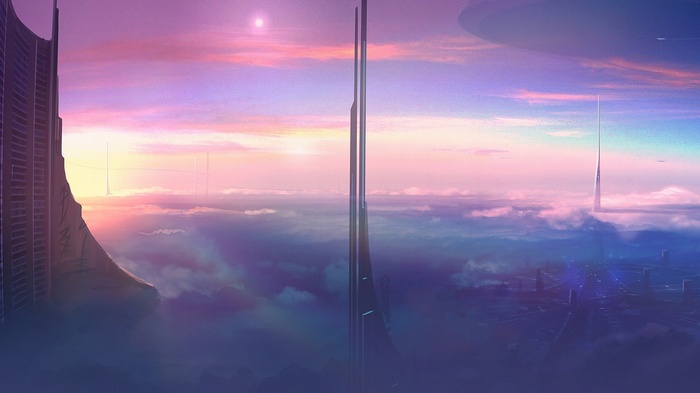Futuristic city skyline above clouds at sunset