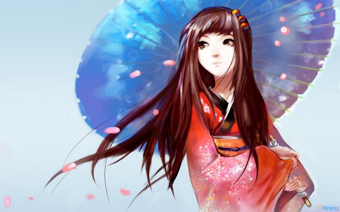 Anime girl in kimono holding a blue umbrella