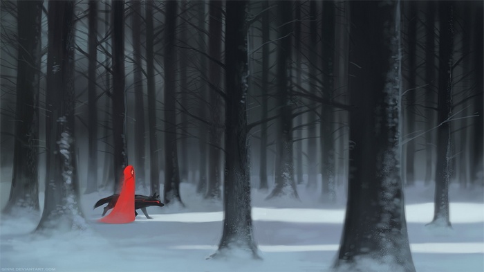 Little Red Riding Hood and wolf in a snowy forest