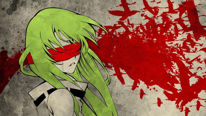 C.C. from Code Geass with green hair and blindfold