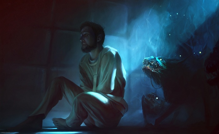 Man in straitjacket haunted by shadowy creatures