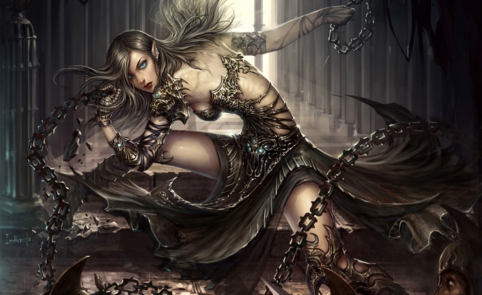 Fantasy art of a chained elf warrior