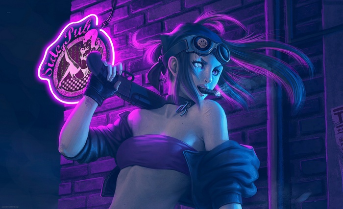 Woman with shotgun and cigar in front of Side Pub neon sign
