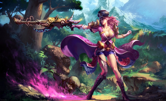 Fantasy art of a woman with a gun in a forest
