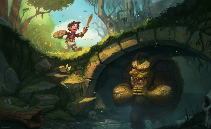 Boy with sword and shield encounters a troll under a bridge