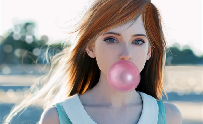 Artwork of a redhead girl blowing bubblegum