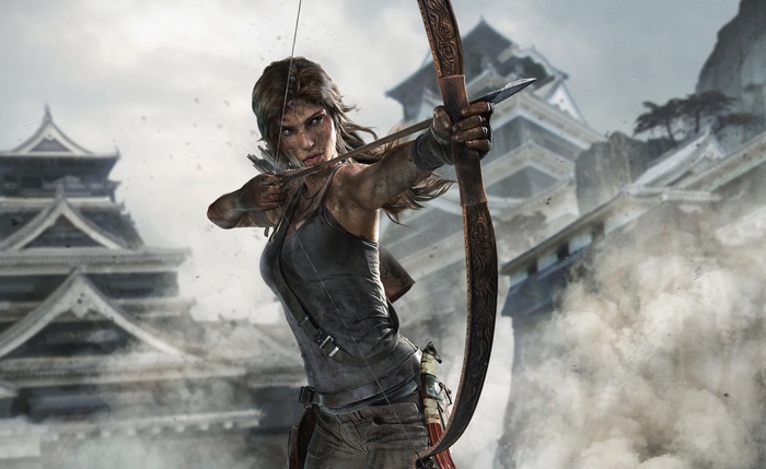 Lara Croft aiming a bow and arrow in front of a castle